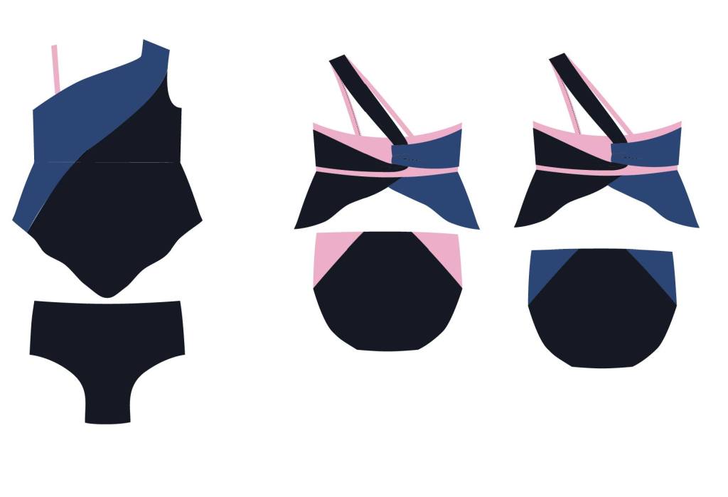 Line drawings with color blocking ideas of the Minnow swimsuit