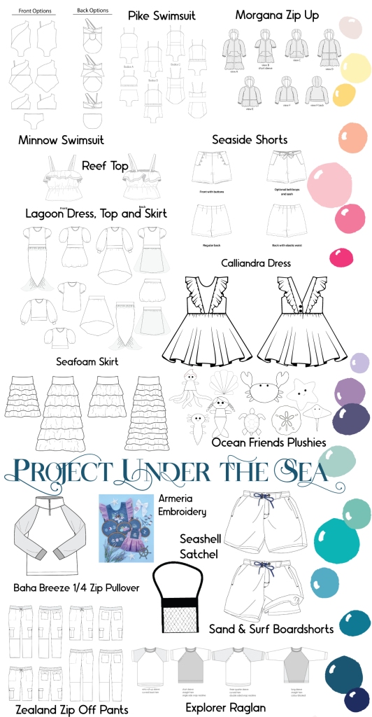 line drawings for all the patterns in the Project Under the Sea collection from Project Run & Play