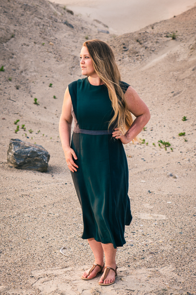 The Miss Forest dress with cap sleeve  insert and midi length skirt.