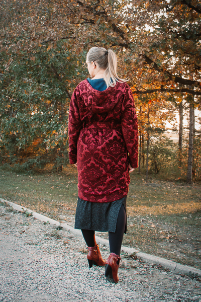 Elegant fall coat made from upcycled curtains.