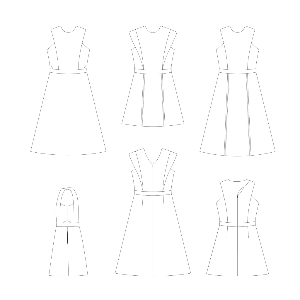 Line drawings for the Forest Dress by Sofiona Designs.