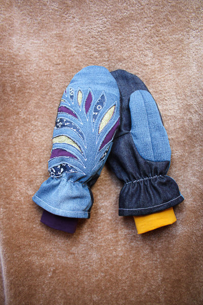 Upcycled denim into winter mitts.