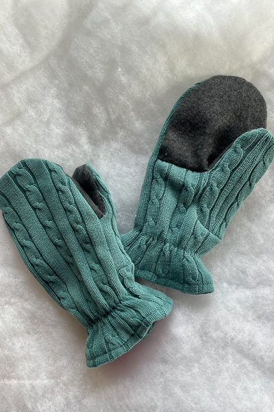 Sweater upcycle to lined winter mitts.