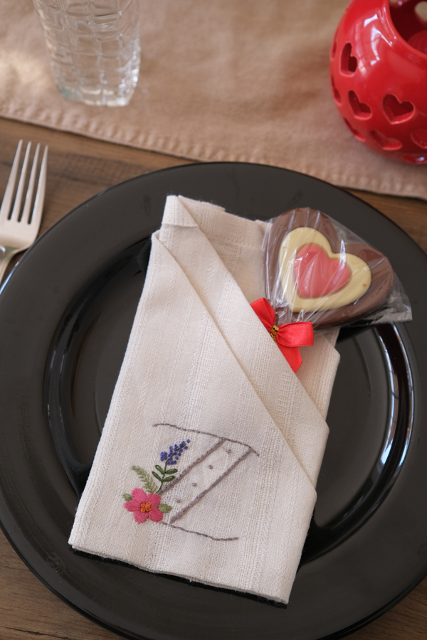 hand embroidered dinner napkin- love letters